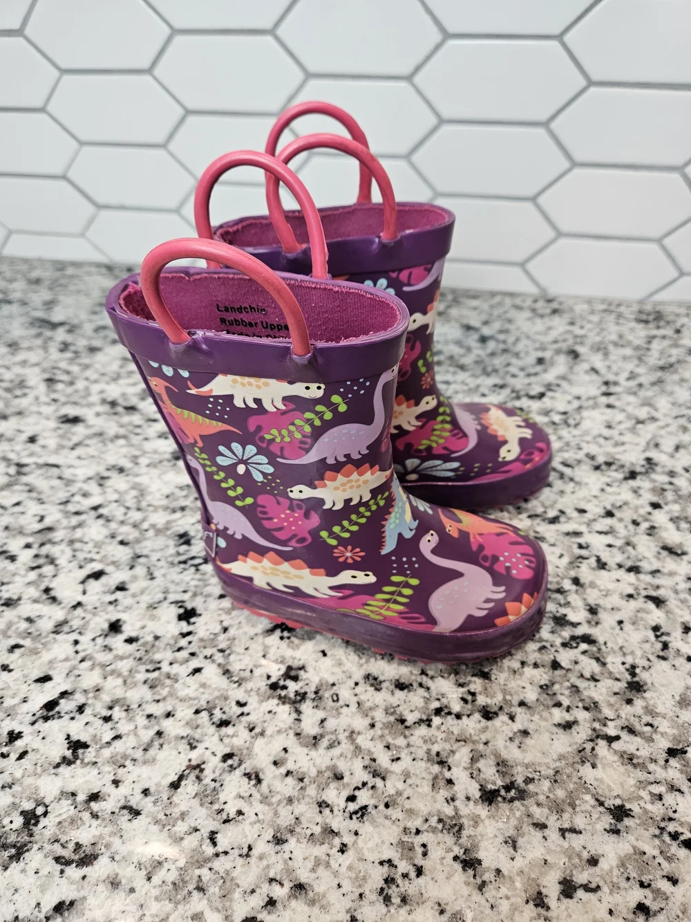 Kids Purple Dinosaur Rain Boots with Pink Handles